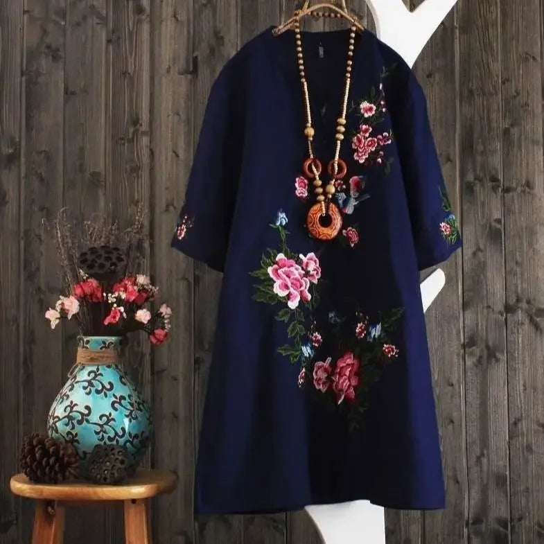 Women Dresses Women's Embroidered Dress Summer Loose Short Sleeve Skirt Vestido De Mujer Femme Robe