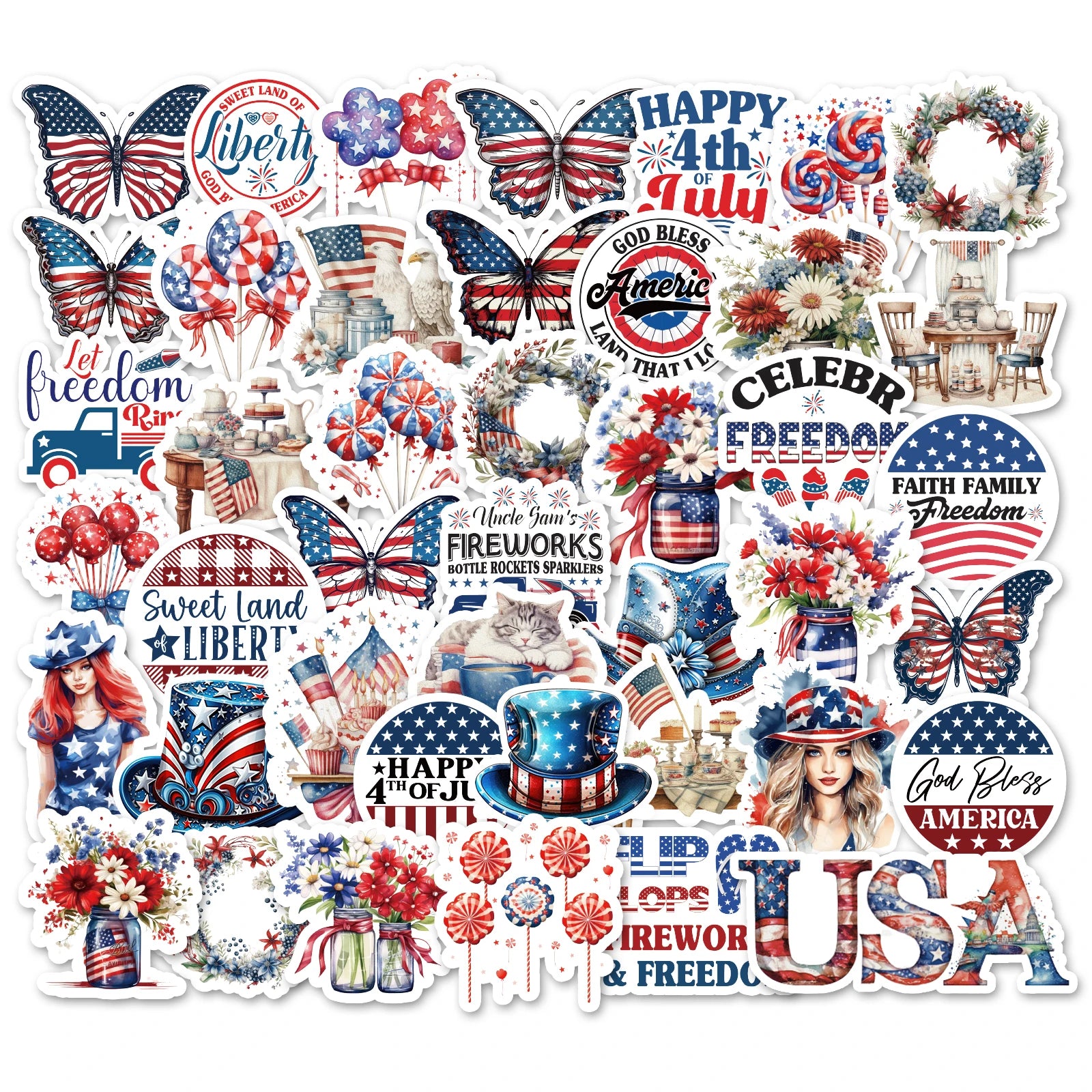 53 Pcs Patriotic American Flag Stickers, Vinyl 4th of July Decals for Festive Independence Day