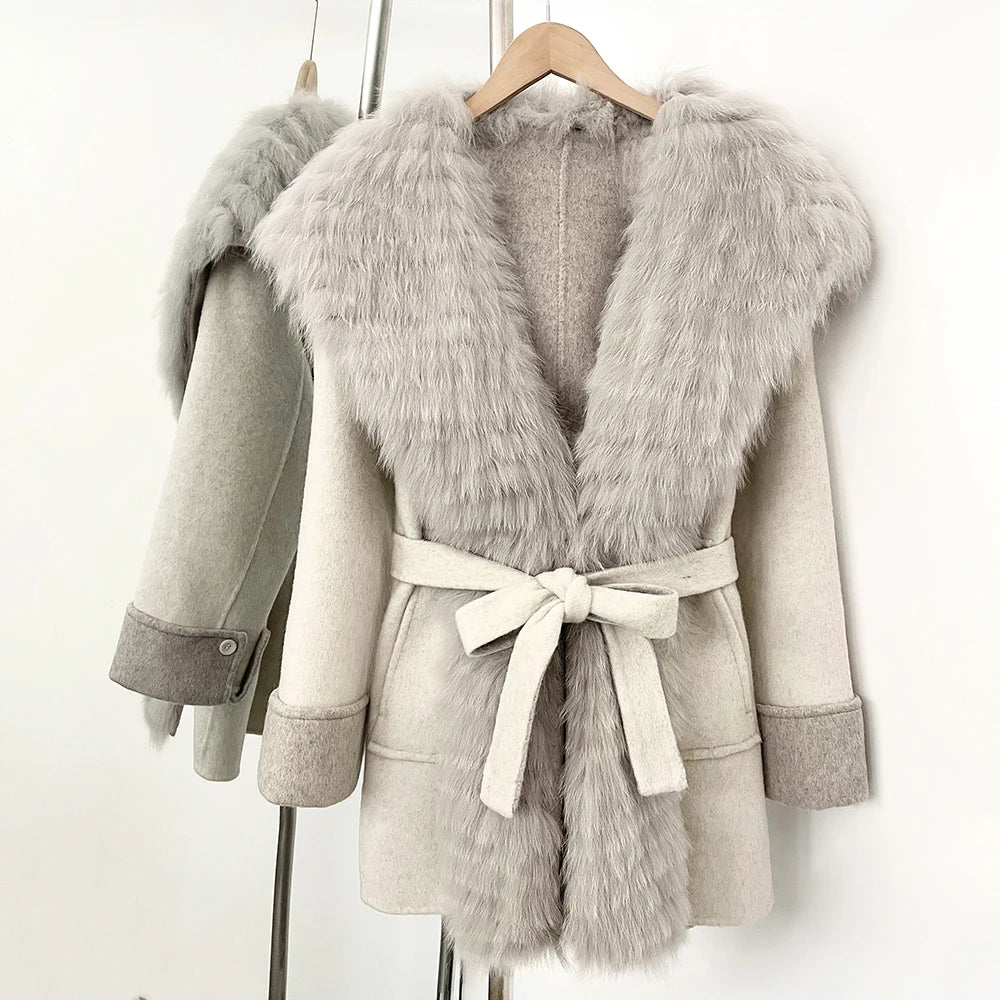 Woolen Coat Female Real Fox Fur Jacket New Autumn Winter Belt Top Clothes Fashion Warm Natural Fur Mid-length Wool Jacket Women