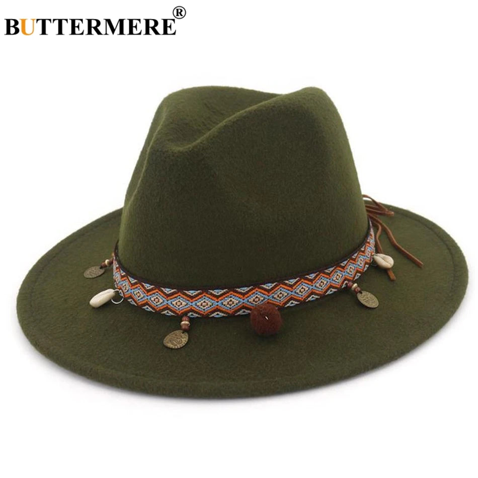BUTTERMERE Red Fedoras Hats For Women Ethnic Style Wool Felt Hat Female Wide Brim Casual Ladies Autumn Holiday Jazz Caps Fashion