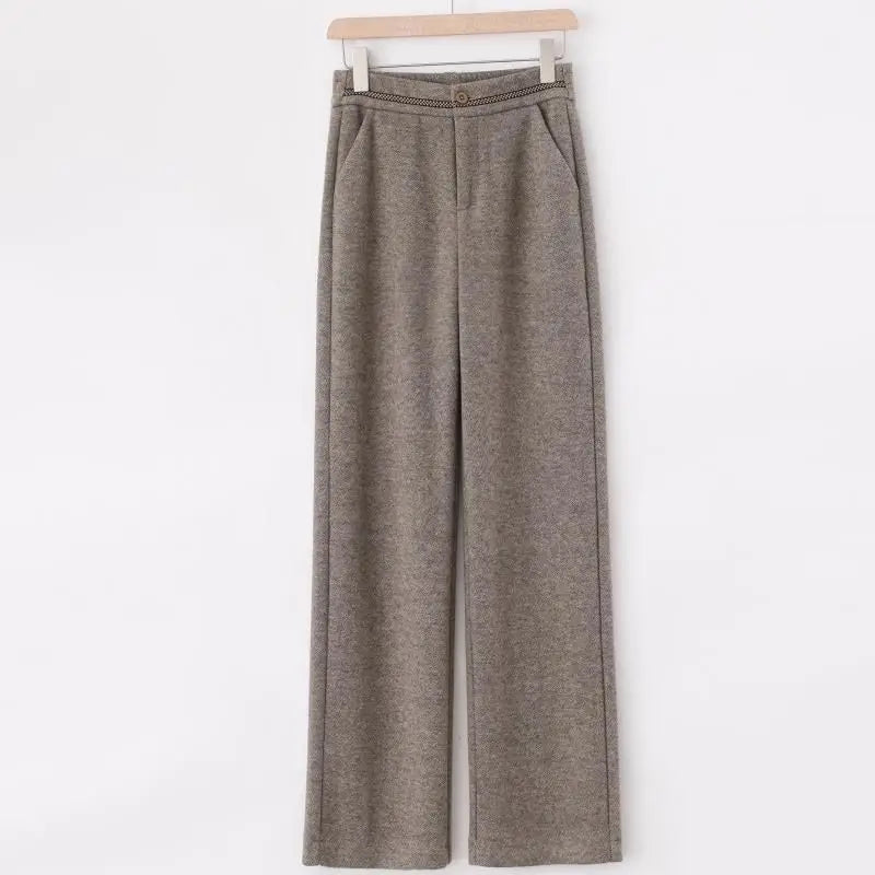Fashion Office Lady Autumn Winter New Woolen Pants Women Solid Pockets Elastic High Waist Plus Velvet Straight Wide Leg Trousers