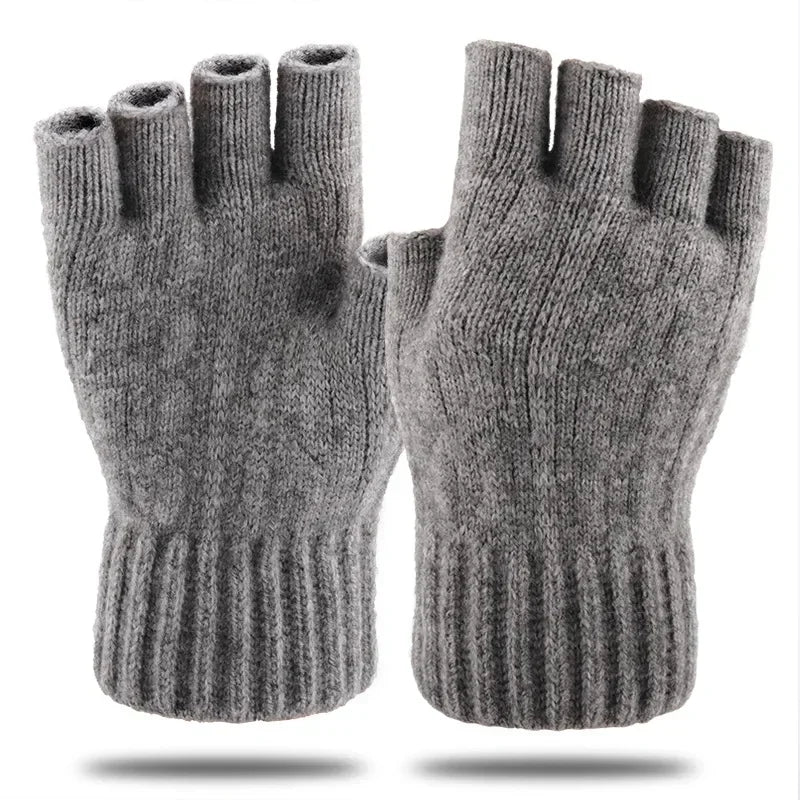 Winter Gloves For Men Half Finger Writting Office Cycling Knitted Gloves Students Alpaca Wool Warm Thick Elastic Driving Gloves