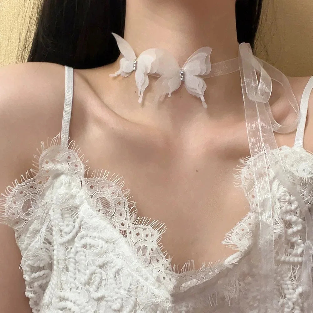 White Lace Necklace Verstile Long Ribbon Layered Clavicle Chain Choker for Girls Daily Wear Neck Decoration Jewelry