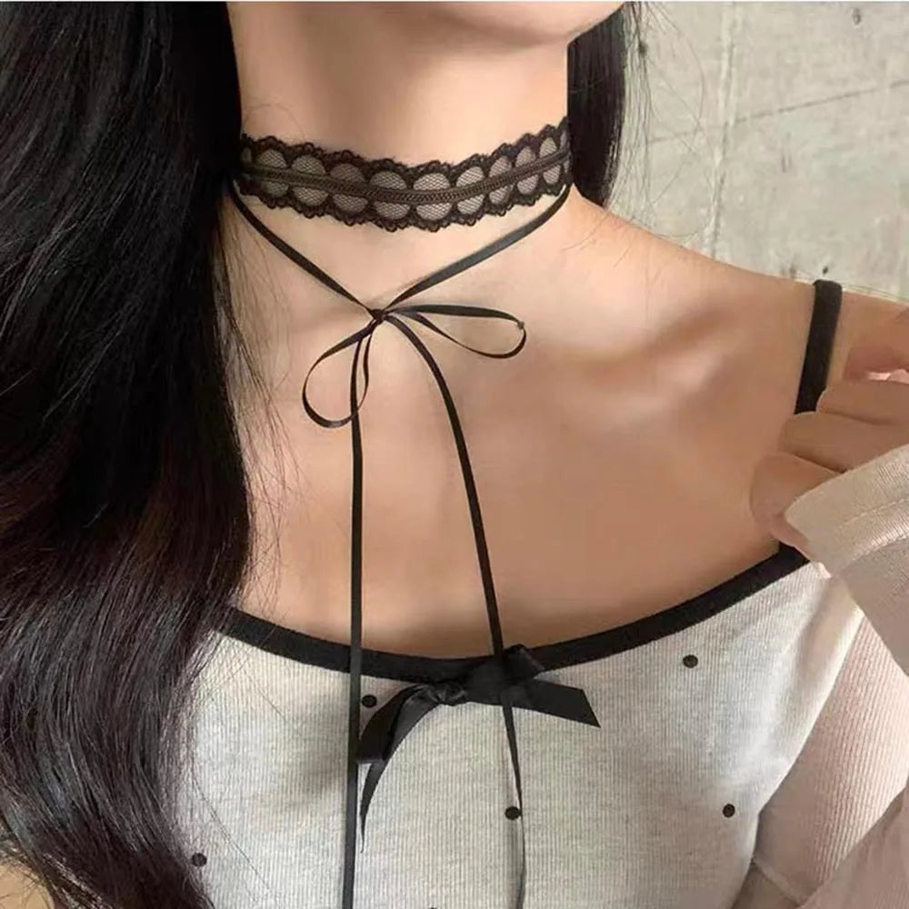 White Lace Necklace Verstile Long Ribbon Layered Clavicle Chain Choker for Girls Daily Wear Neck Decoration Jewelry