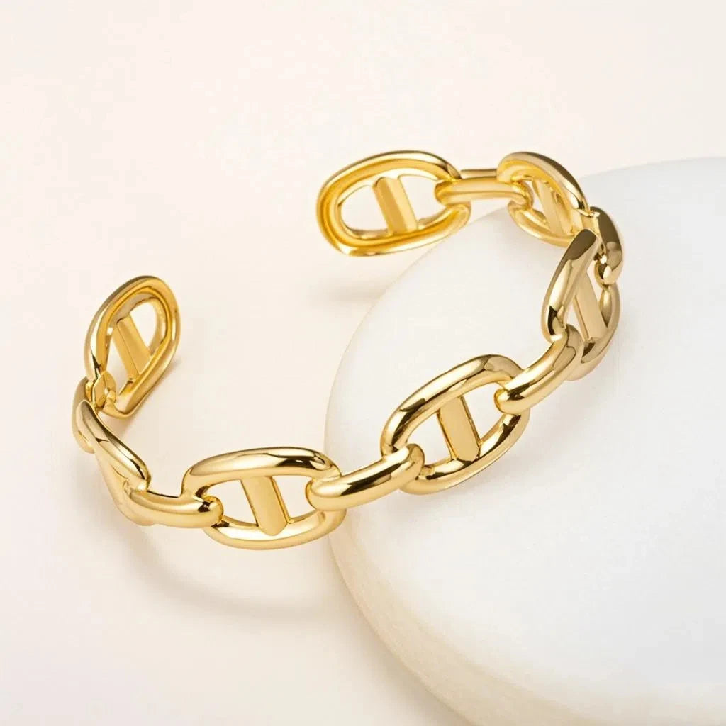 Titanium - Steel Gold - Plated C - Shaped Open - Ended Bangle. A Unique, Irregularly Spliced And Niche Accessory For Women.