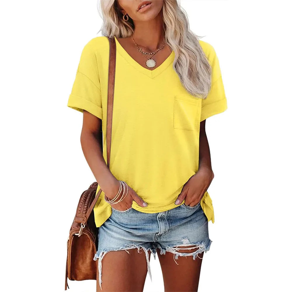 Womens T Shirts 2025 Short Sleeve V-Neck Shirts Cute Fit Summer Casual Tee Tops S-XXL