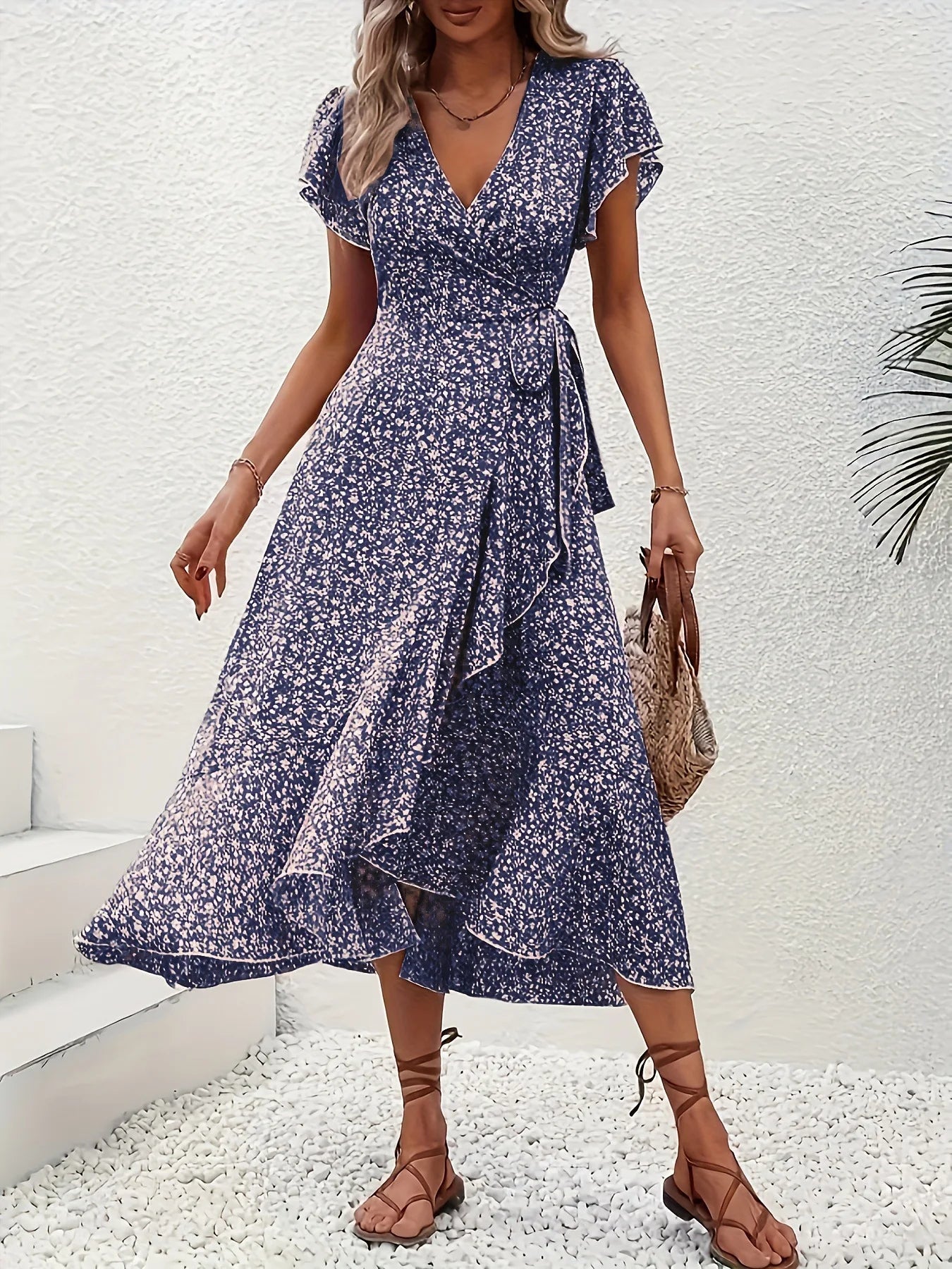 Summer Dresses for Women Sexy V Neck Short Sleeve Irregular High Waist Lace-up Flower Print Dress Casual Beach Dresses