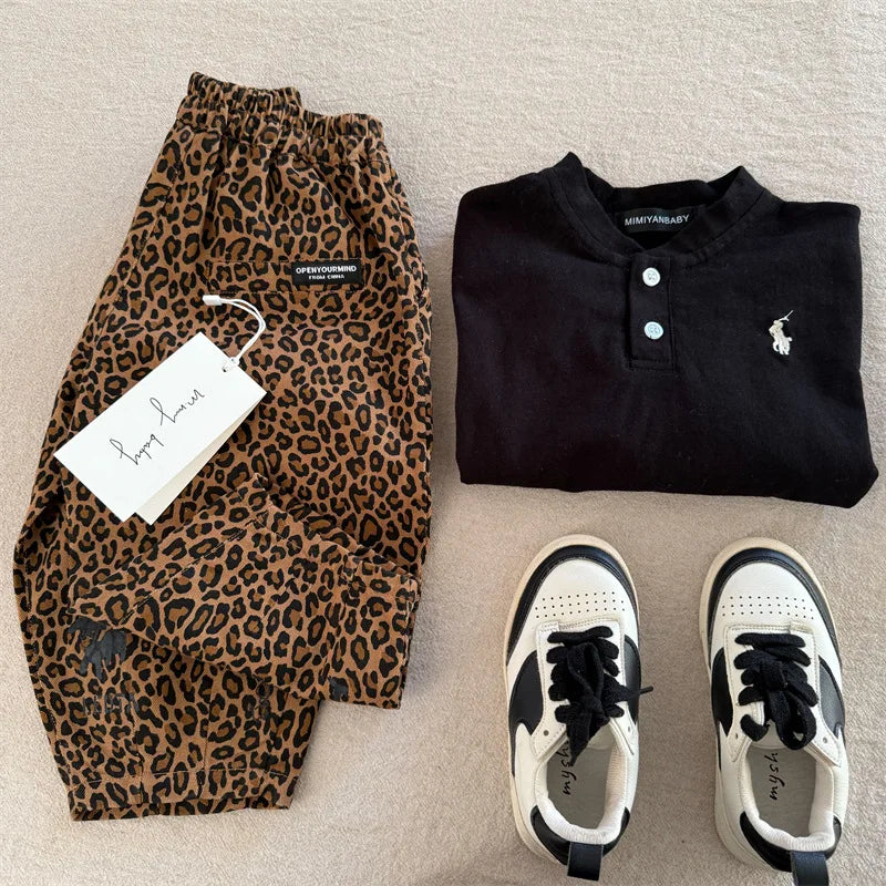 Children's pants 2025 squinting eyes spring boys and girls leopard print casual pants baby Korean wide leg small leg pants
