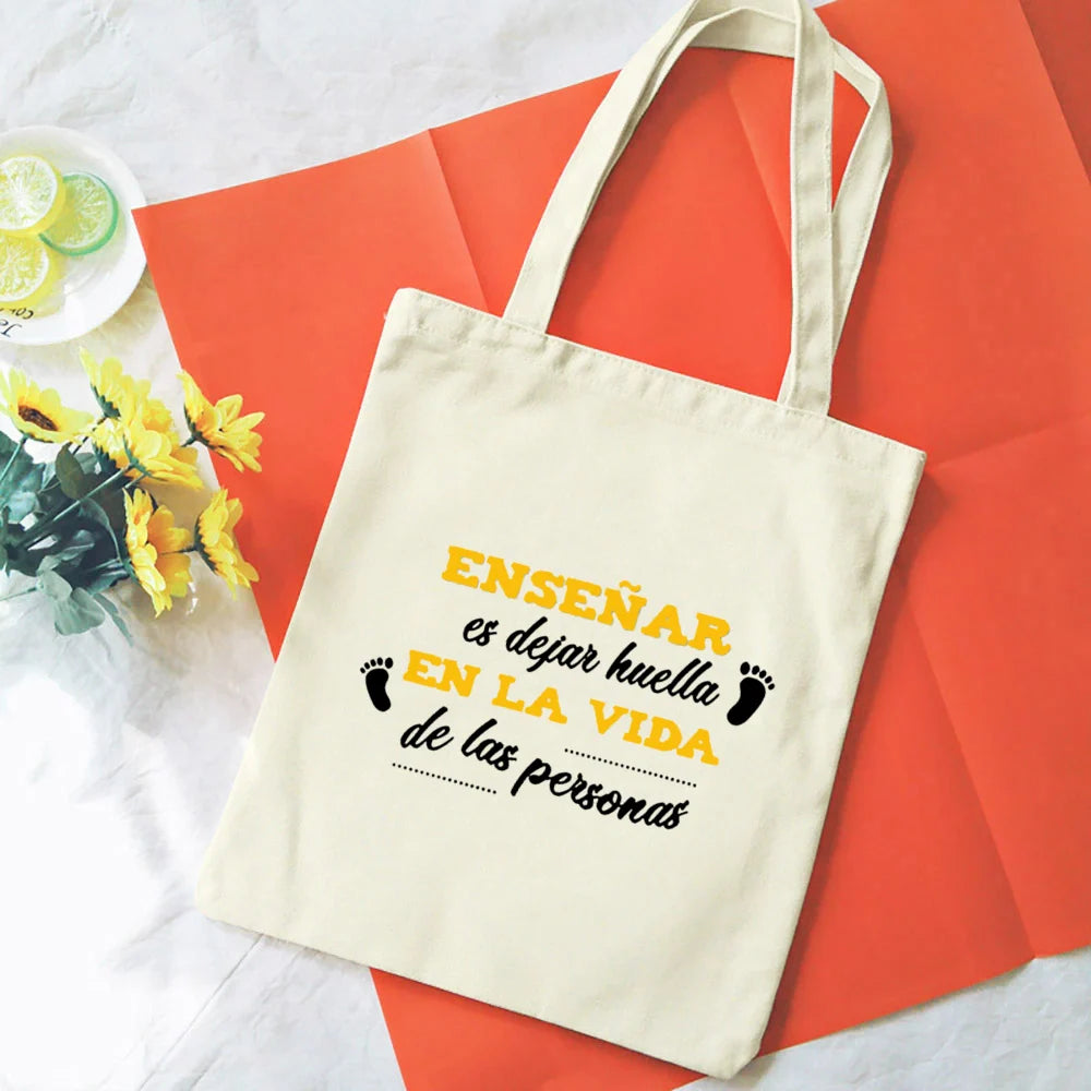 Spanish Printed Women Shopping Totes Bags White Teacher Life Bags Eco Reusable Fashion Canvas Shoulder Book Bag Gift for Teacher