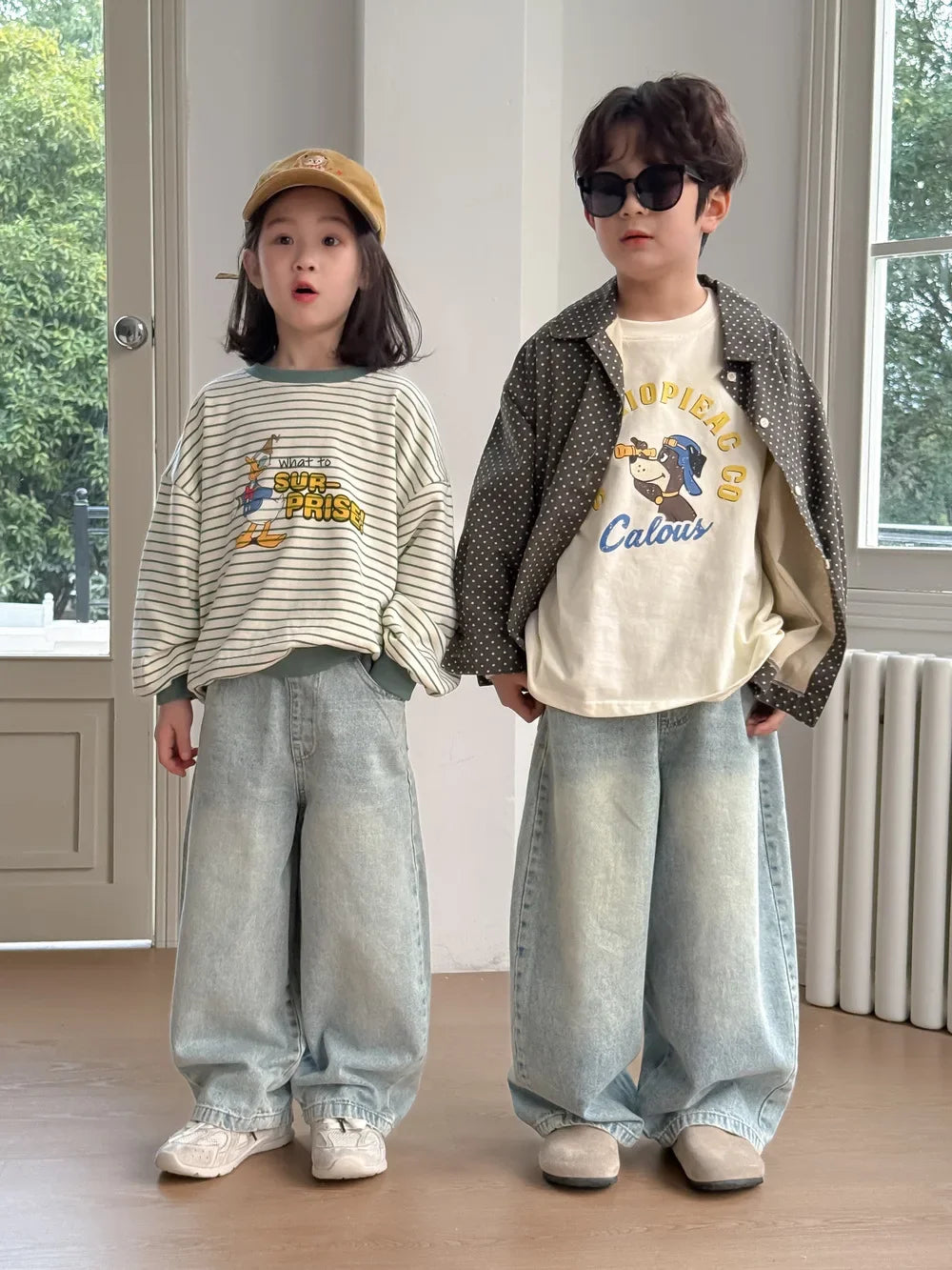 Children Pants 2025 Spring Boys and Girls Korean Solid Casual Denim Straight Leg Pants Children Versatile Loose Wide Leg Pants