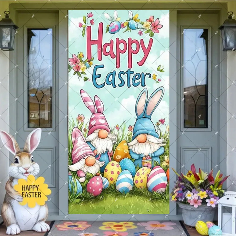 Spring Easter Theme Charming Rabbit On The Toilet Grass Flower Eggs Door Banner Cover Backdrop Easter Festival Party Porch Decor