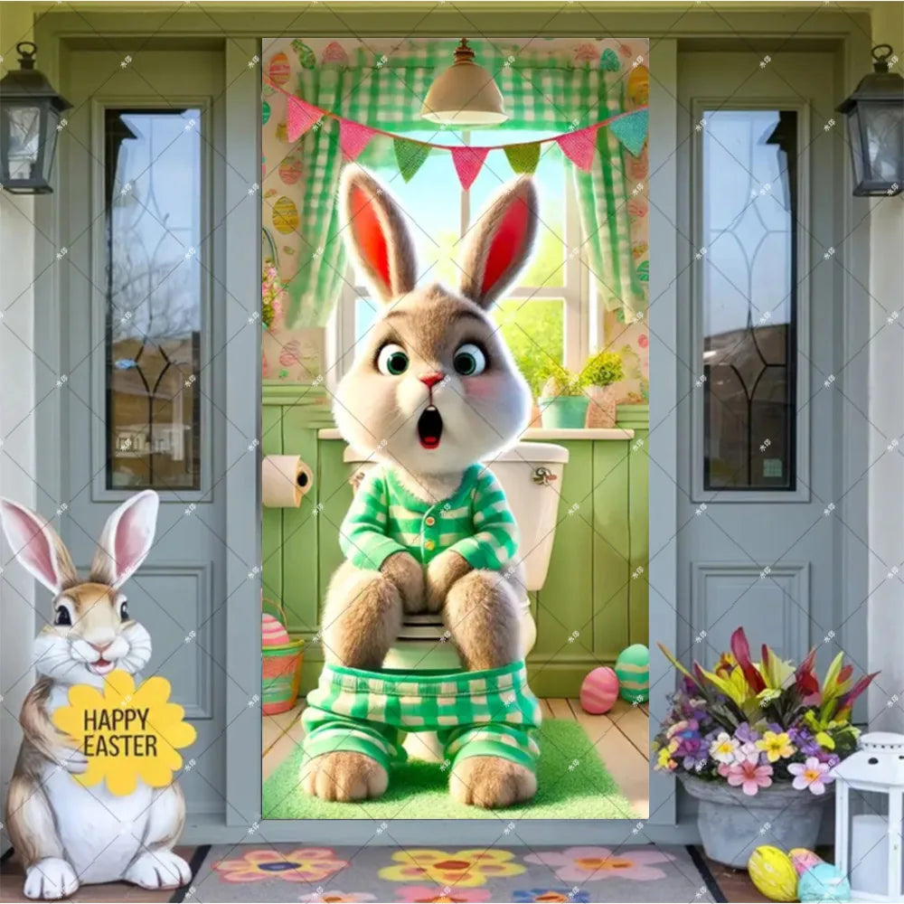 Spring Easter Theme Charming Rabbit On The Toilet Grass Flower Eggs Door Banner Cover Backdrop Easter Festival Party Porch Decor