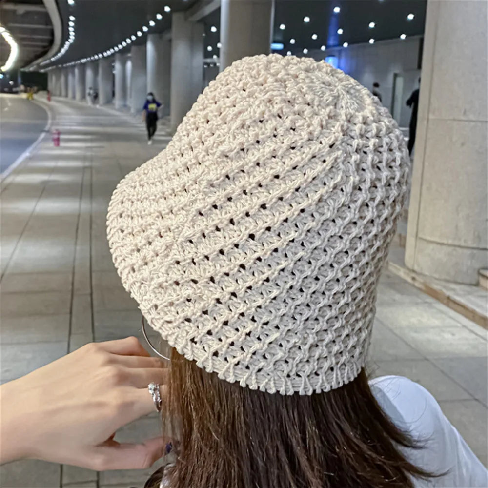 Bucket Hat Female Summer Thin Woolen Knitted Basin Foldable Literary and Artistic Leisure All-match Sun Cap