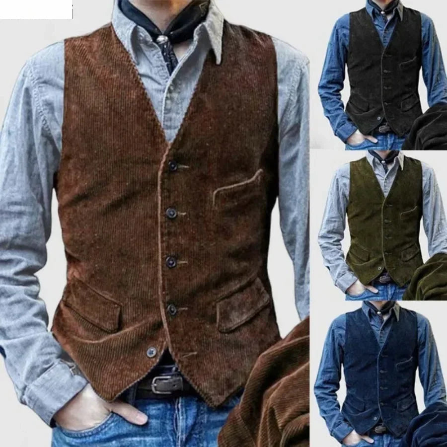 Men's Vintage Vests British Style Corduroy Vest Casual Coats Fashion Single-breasted Sleeveless Jacket for Man Formal Waistcoat