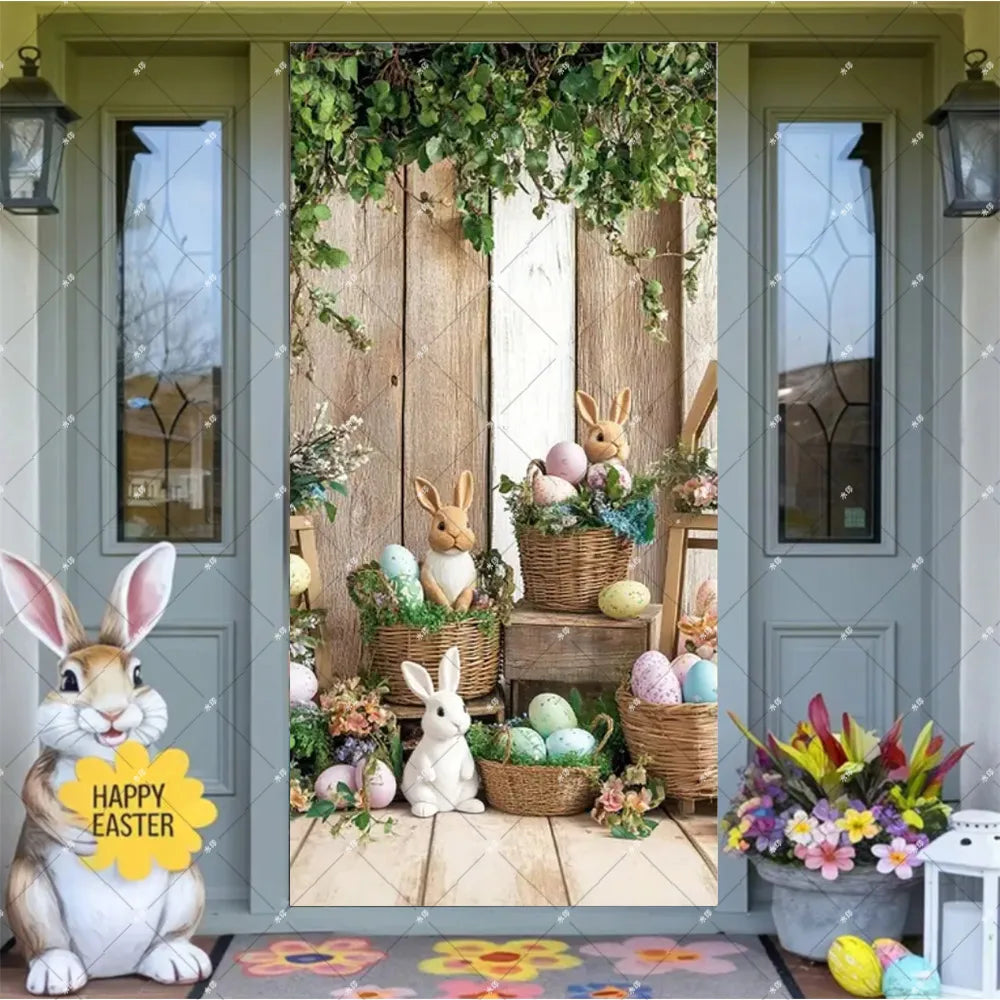 Spring Easter Theme Charming Rabbit On The Toilet Grass Flower Eggs Door Banner Cover Backdrop Easter Festival Party Porch Decor