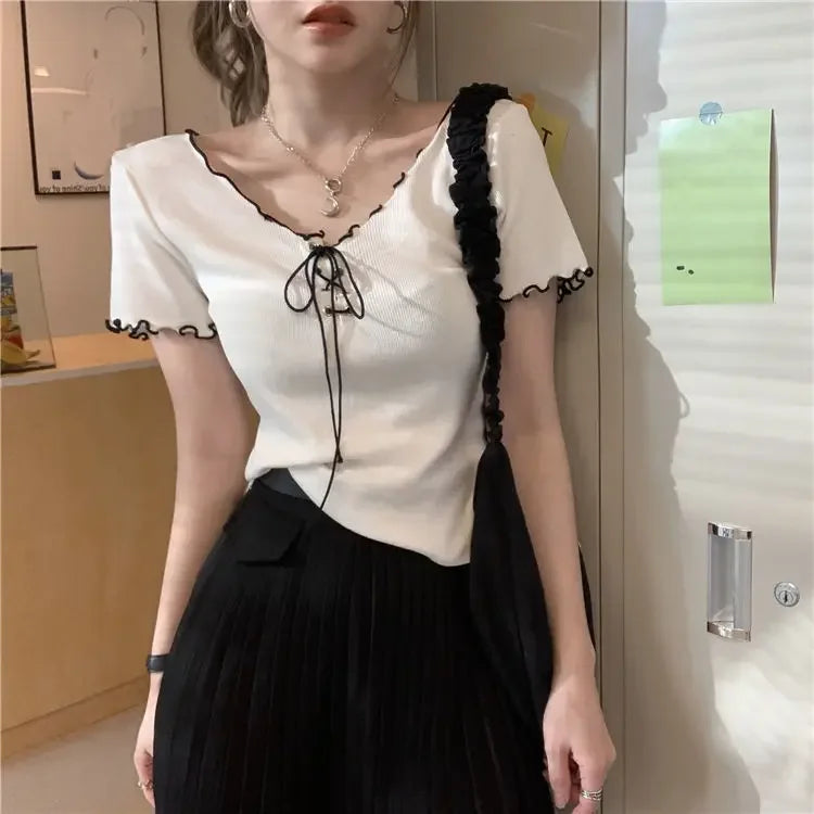 Woman T-shirts Summer White V-neck Top Knitted Short-Sleeved T-shirt for Women Mujer Camisetas