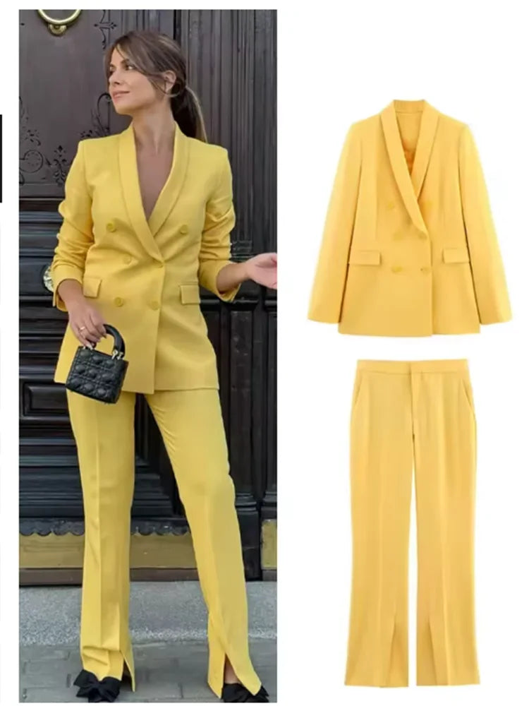 Office Lady Suits Two Piece Pant Set Turn-Down Collar Long Sleeve Double-Breasted Blazers+Mid Waist Zipper Flared Pants