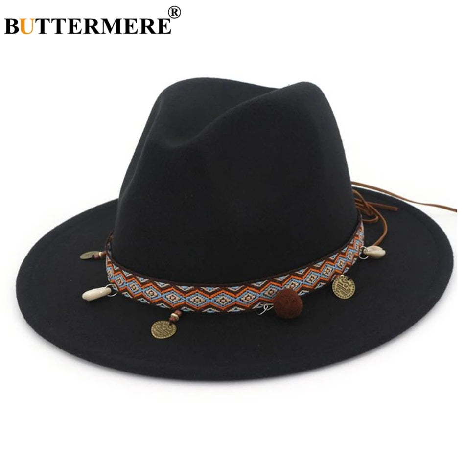 BUTTERMERE Red Fedoras Hats For Women Ethnic Style Wool Felt Hat Female Wide Brim Casual Ladies Autumn Holiday Jazz Caps Fashion