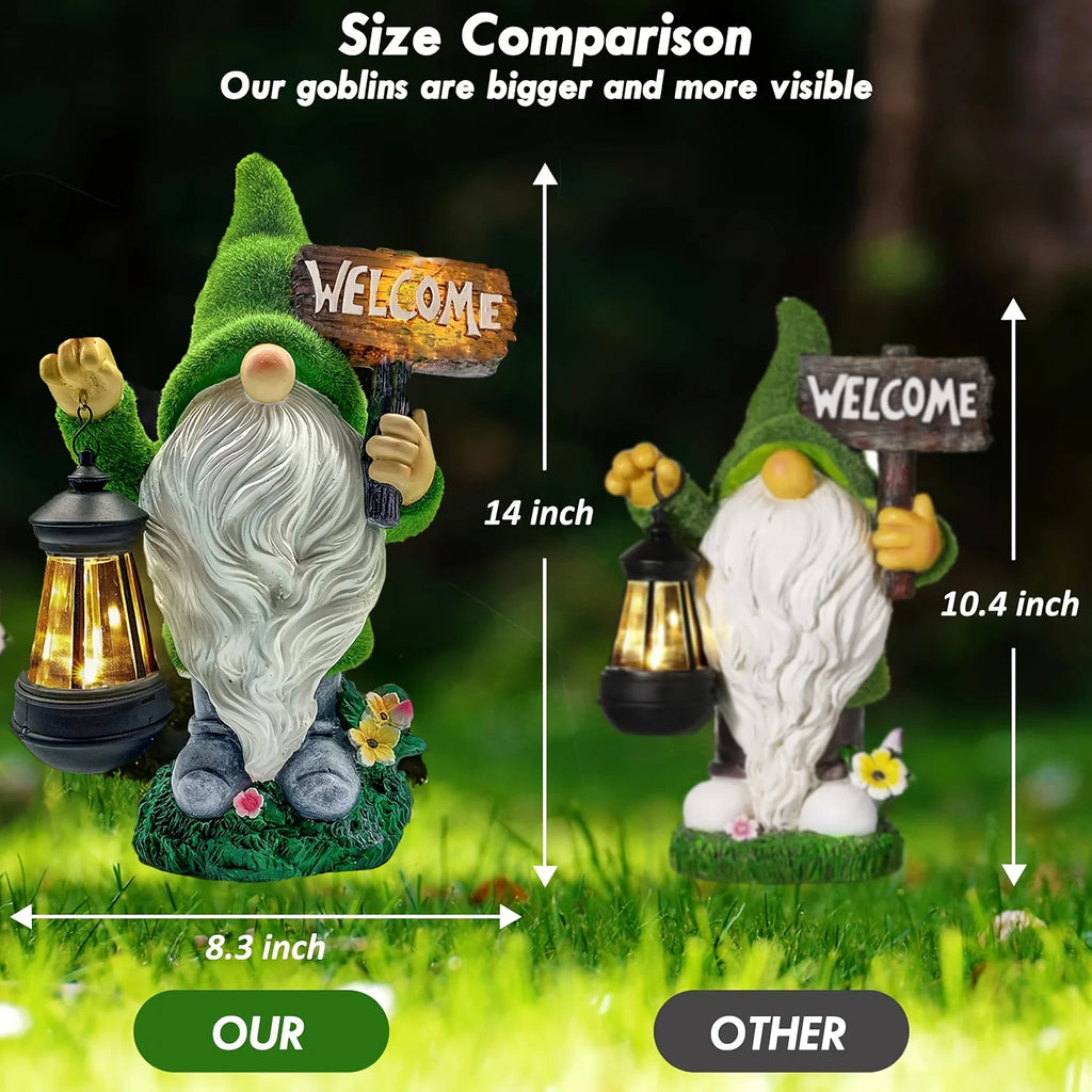 Garden Gnome Statue Outdoor Decor Large Flocked Resin Gnome Figurine with Solar Light Holding Lantern Welcome Sign