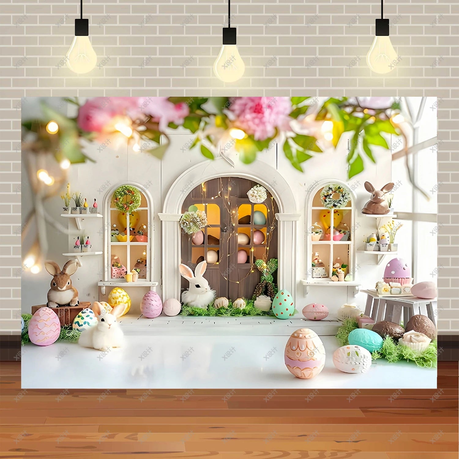 Easter Photography Background Party Decoration Spring Flowers Green Grass Wooden Door Rabbit Bunny Eggs Baby Portrait Photo Prop