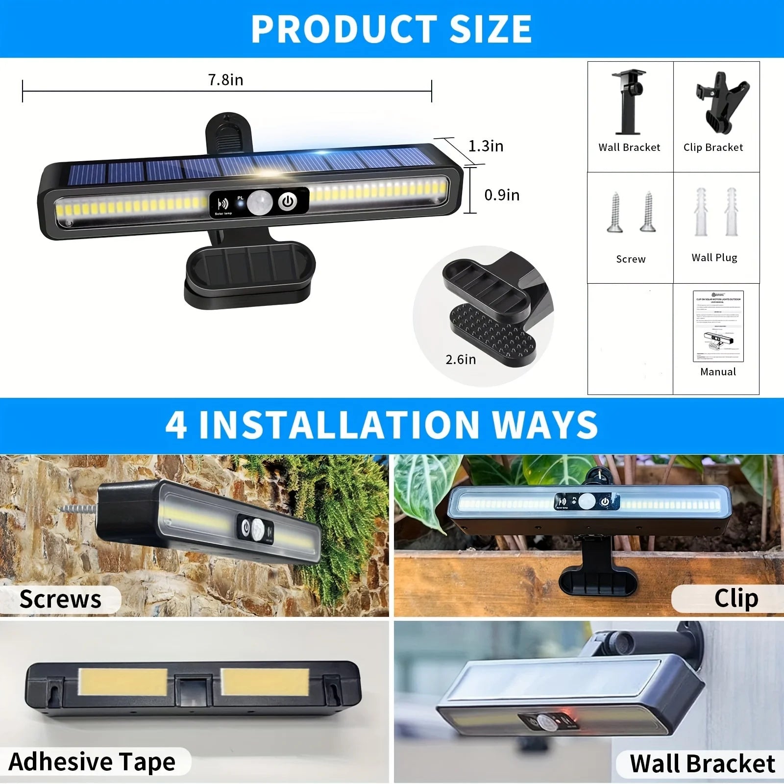 Outdoor Solar Sensor Light - Clip-on & Wall-mounted Dual-purpose, Suitable for Camping, Garage, Courtyard, Commercial Use