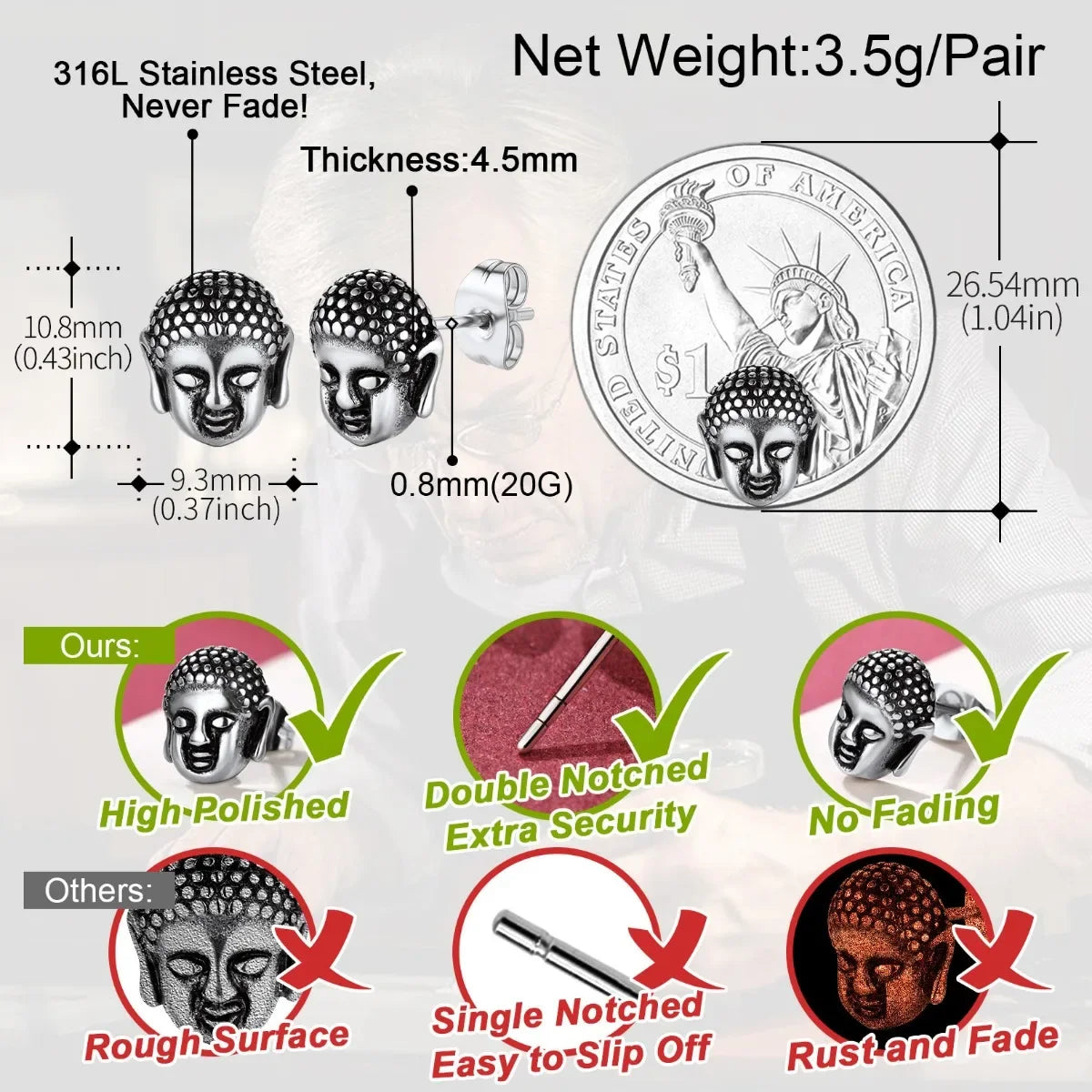 Stainless Steel Buddha head Stud Earrings for man woman Retro Vintage Style Buddhism Religious Unisex Jewelry