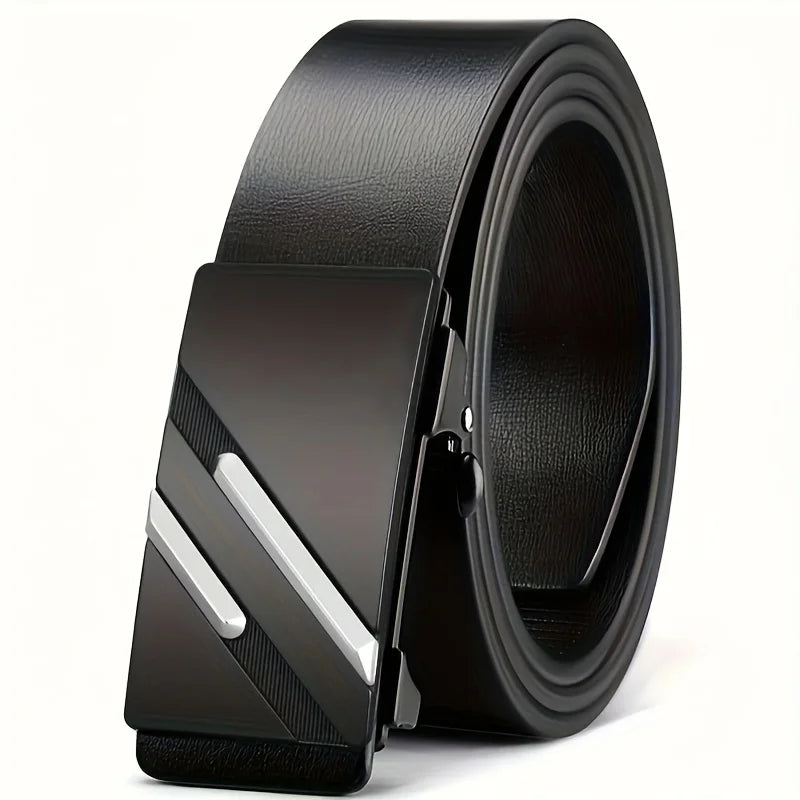 Men's belt made of synthetic leather with an automatic alloy buckle, durable and suitable for casual and semi-formal occasions.
