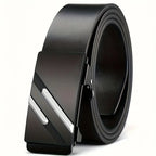 Men's belt made of synthetic leather with an automatic alloy buckle, durable and suitable for casual and semi-formal occasions.