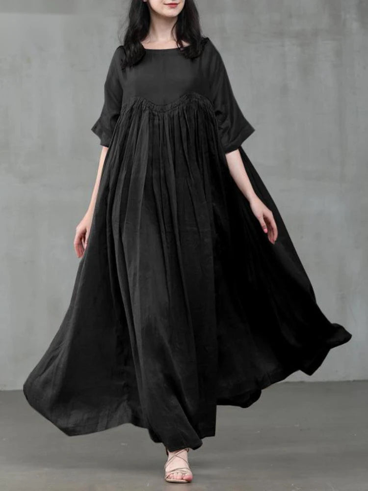 Summer Dresses Women 2023 Casual Fashion Solid Color Round Neck Pleated Cotton Linen Long Dress Elegant Dresses for Women Robe