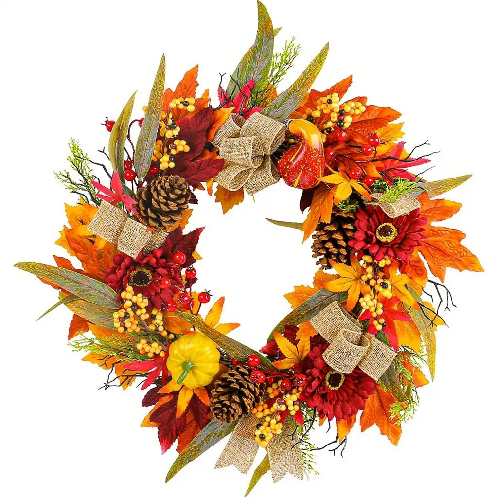 Autumn Door Wreath Christmas Halloween Decoration Pumpkin Berry Pine Cone Maple Artificial Cloth Rattan Material Home Decoration