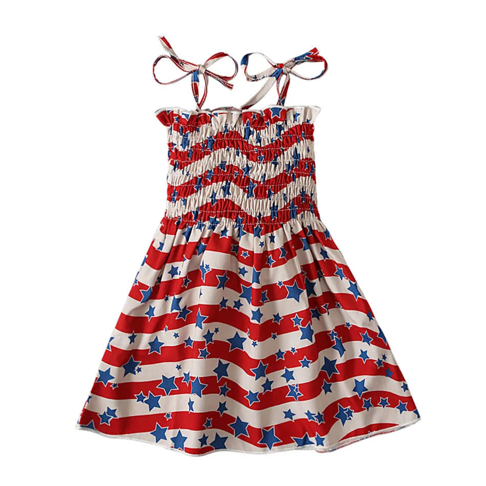Charming 4th of July Summertime Girls Casual Dresses Sling Patriotic Pattern and Cartoon Printed Playful Butterflies and Stars