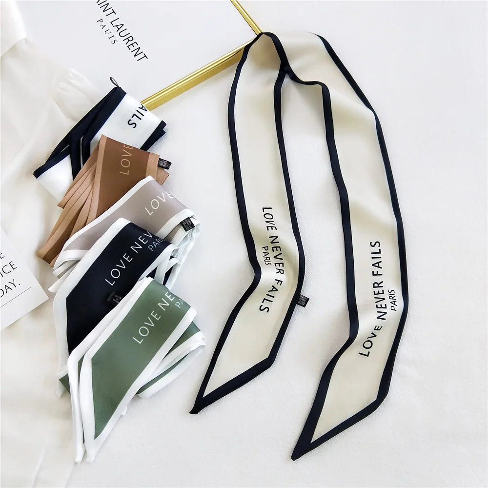 Women Hair Scarf Fashion Narrow Long Scarf Elegant Satin Silk Bow Tie Letter Print Bag Ribbon Headband Scarves Foulard Cheveux