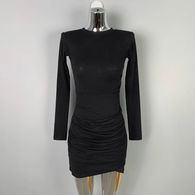 women's dresses 2025 Spring  Autumn Casual Fitting Slim Plain Ruched Long Sleeve Crew Neck Mini Bodycon High Street Dress