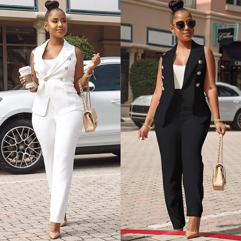 Business Work Wear Two Piece Pant Suits for Women Sets Elegant Sleeveless Blazer Top and Pencil Pants Office Lady Matching Sets