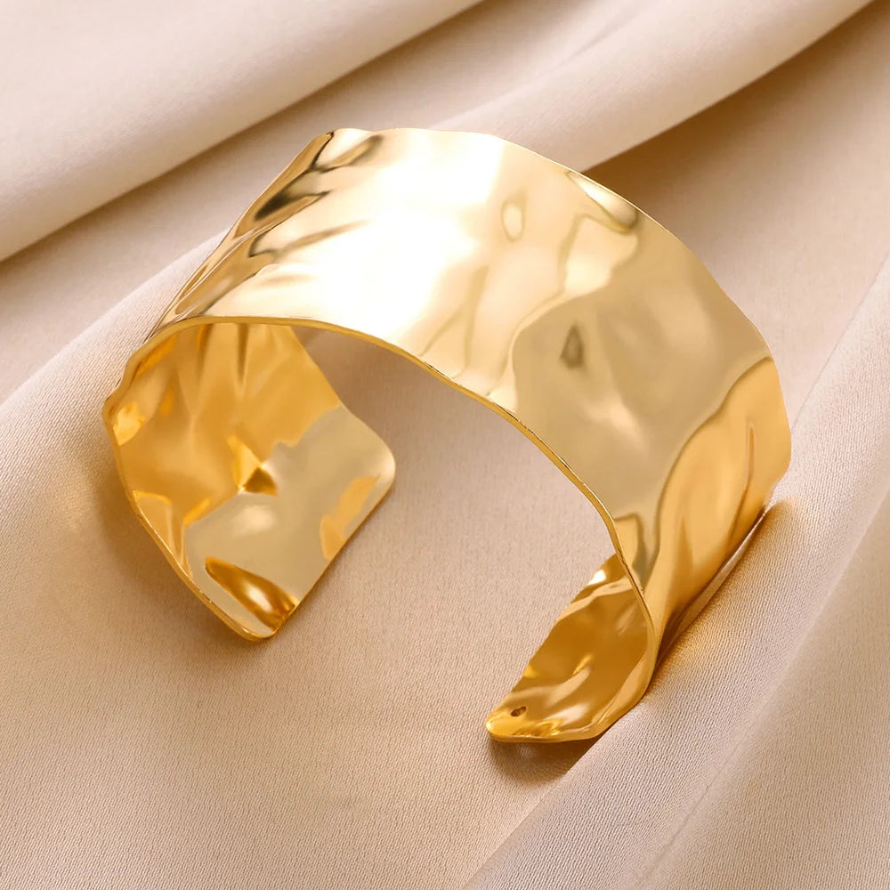 Stainless Steel Wide Bangles for Women Luxury Gold Color Chunky Flower Cuff Bangle Bracelet femme Vintage Wedding Jewelry Gifts