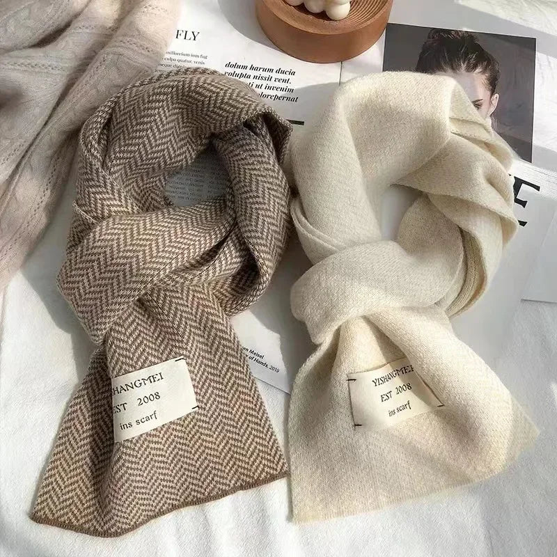 Women Winter Scarves High Quality Knitted Scarf Korean Style White Vintage Stripe Pattern Scarves Winter Outdoor Warm Scarves
