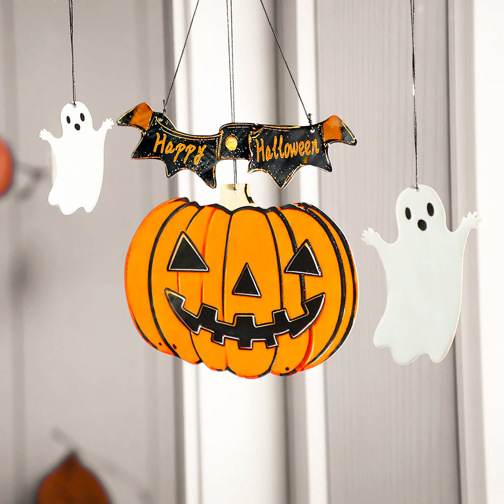 Wooden Halloween Hanging Decor, "Happy Halloween"Banner with Pumpkin Lantern & Ghost Ornaments, Spooky Wall Decor for Home Party