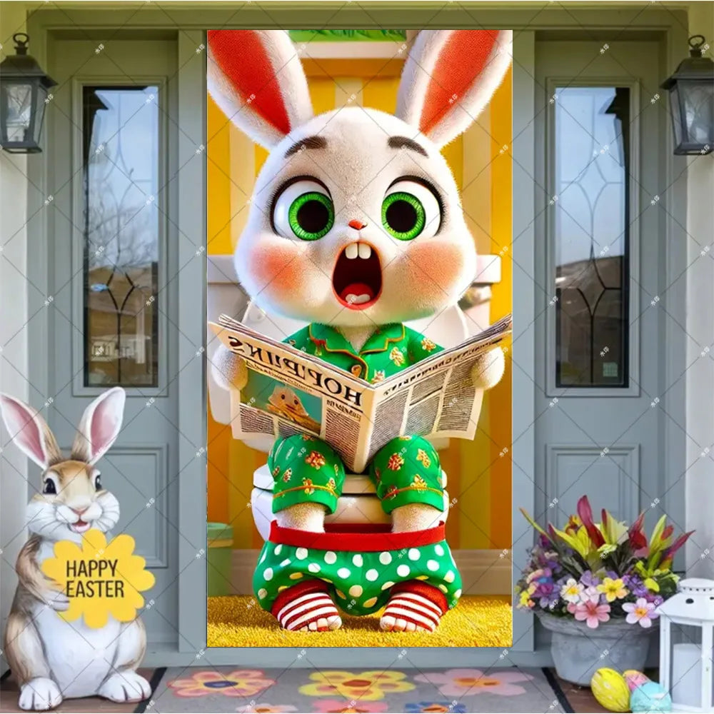 Spring Easter Theme Charming Rabbit On The Toilet Grass Flower Eggs Door Banner Cover Backdrop Easter Festival Party Porch Decor