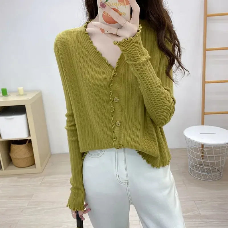Cardigan for Women V Neck New In Spring Autumn Knitted Sweater Woman Wear To Work Korean Fashion Streetwear Elegant Jackets Hot