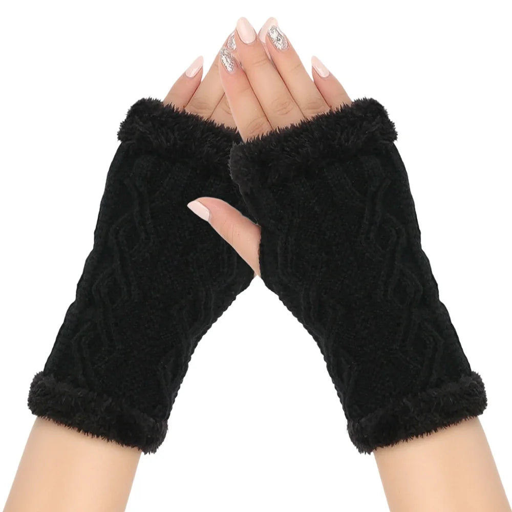 Winter Half Palm Glove For Womens Girls Knitted Fingerless Hand Mitten Fuzzy Fleece Lined Wrist Warmer Solid Color Armer Warmer