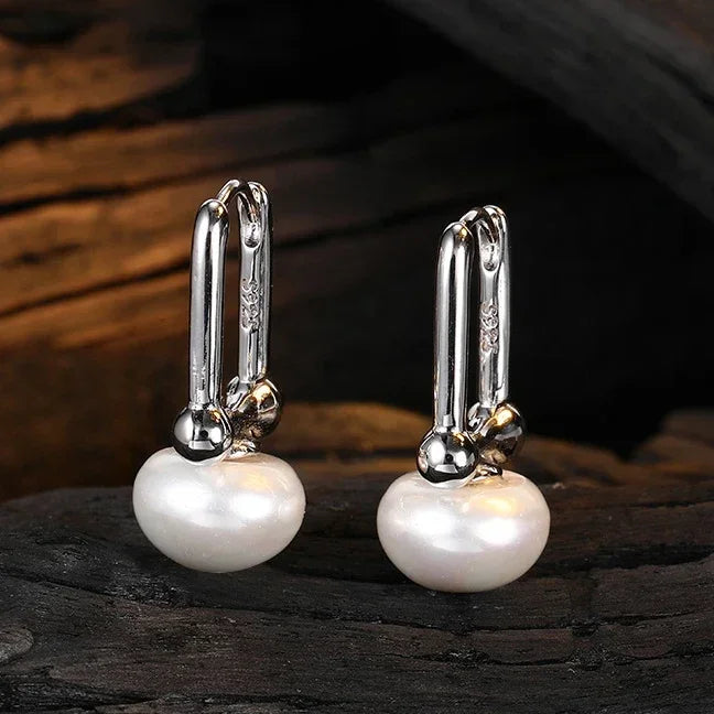 Real 925 Sterling SilverI Pearl Hoop Earring for Women Geometric Minimalist Ear Buckle Vintage Fine Jewelry Accessories