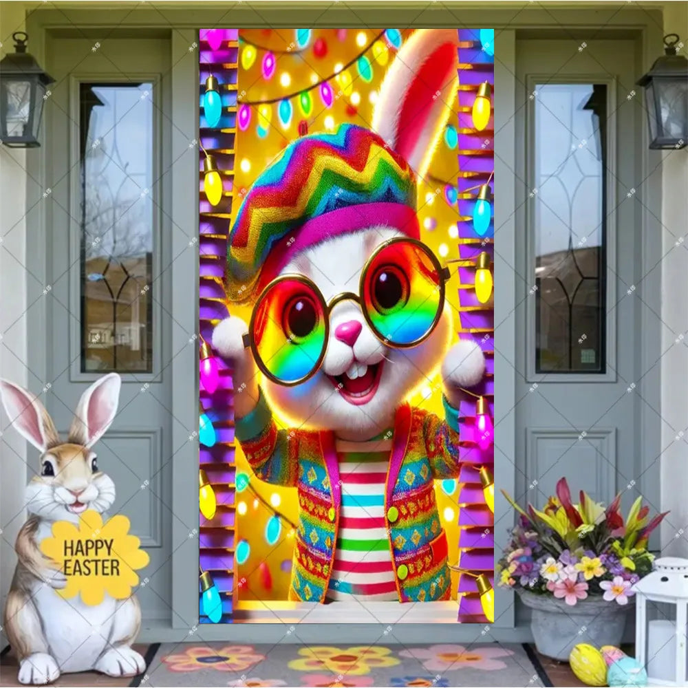 Spring Easter Theme Charming Rabbit On The Toilet Grass Flower Eggs Door Banner Cover Backdrop Easter Festival Party Porch Decor