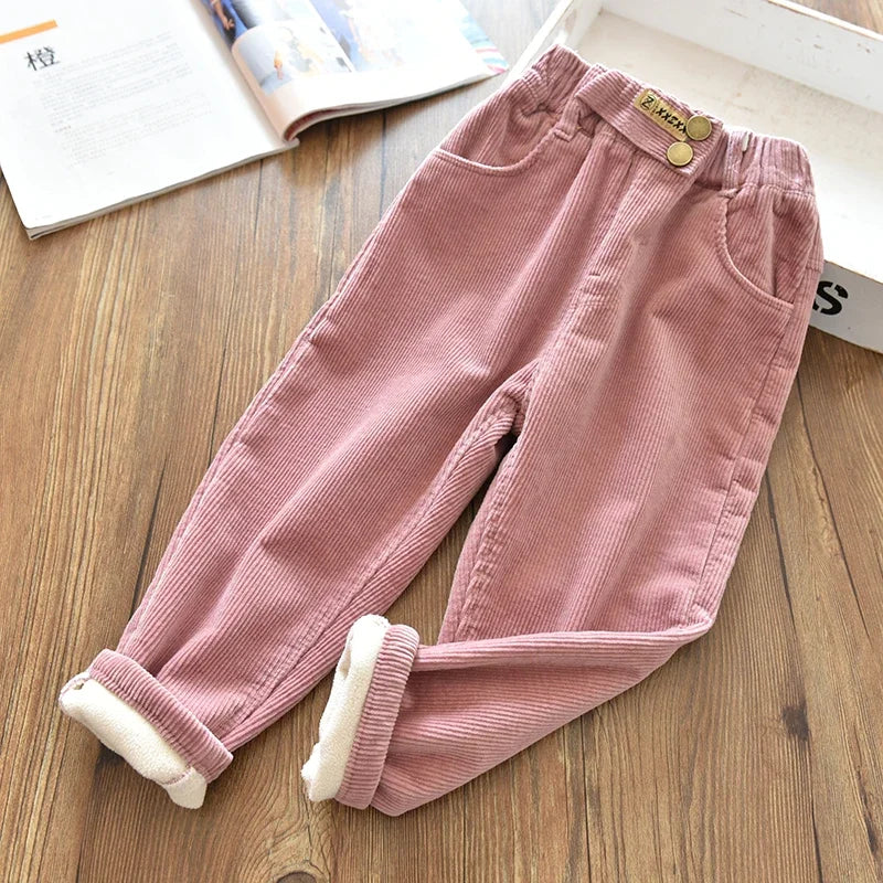 Children's Pants Autumn winter Fleece Padded Trousers for Girls Solid Thickened Corduroy Pants Casual Loose Boys Pants