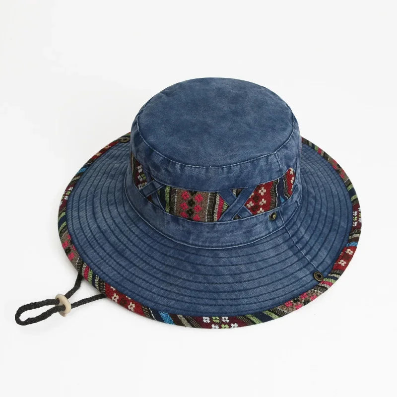 Summer Bucket Hats Retro Printing Cowboy Cap Men Women Outdoor Fishing Hiking Hat Anti UV Sun Caps Cotton Wide Brim Panama Hat