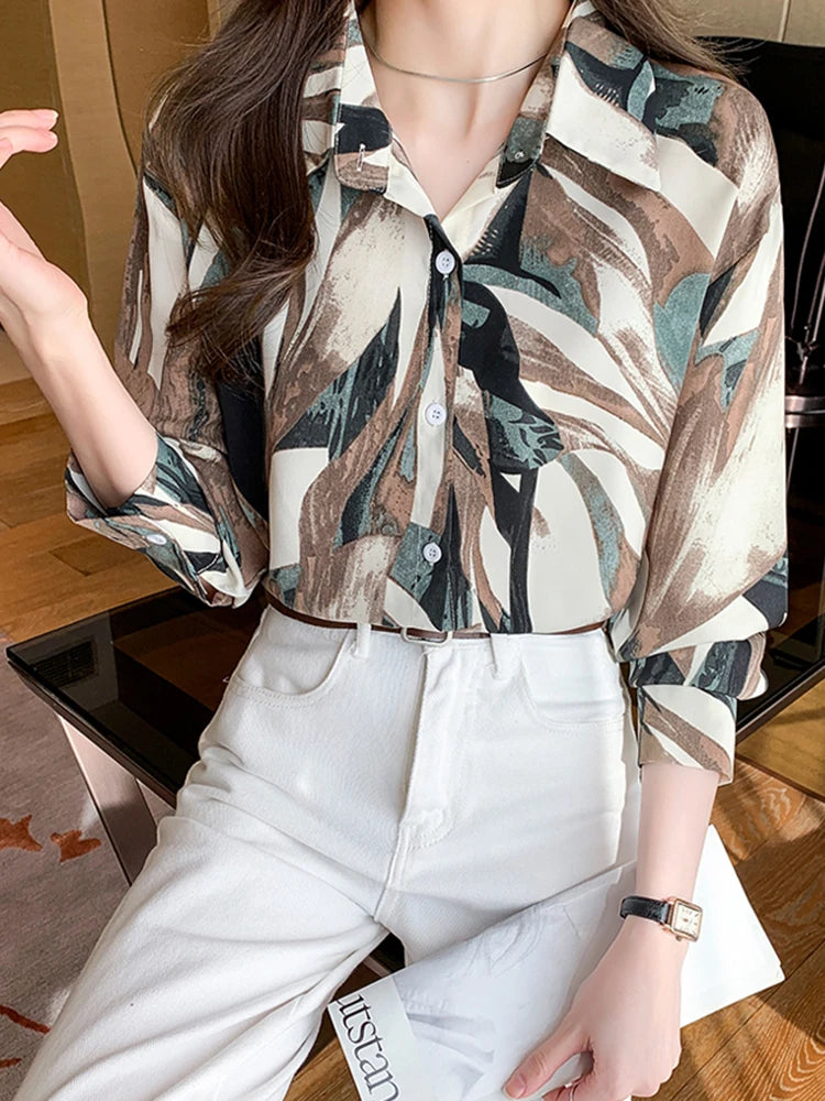 Women Blouse Autumn 2025 Top Vintage Button Up Shirts Female Blouses chic Long Sleeve Chiffon Printing Office Lady tops