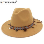 BUTTERMERE Red Fedoras Hats For Women Ethnic Style Wool Felt Hat Female Wide Brim Casual Ladies Autumn Holiday Jazz Caps Fashion