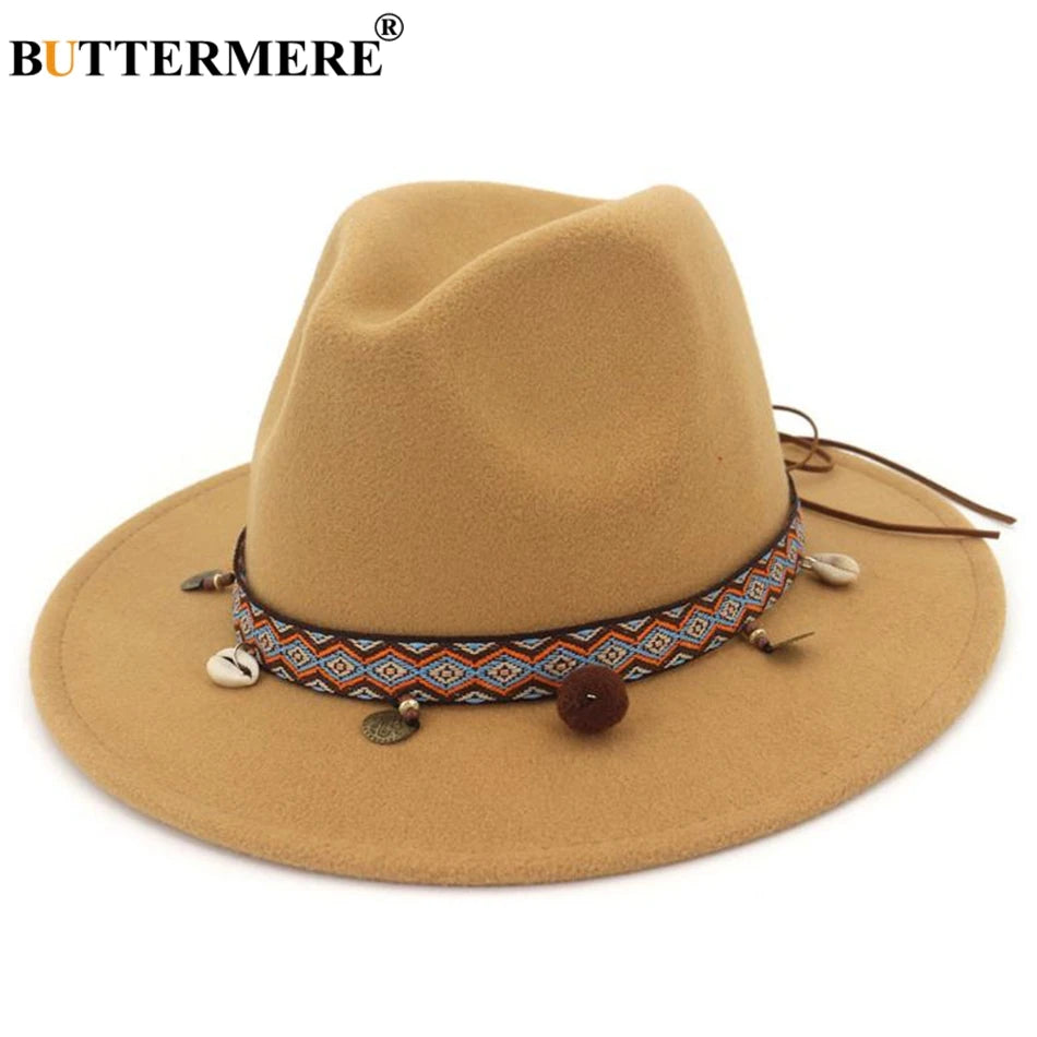 BUTTERMERE Red Fedoras Hats For Women Ethnic Style Wool Felt Hat Female Wide Brim Casual Ladies Autumn Holiday Jazz Caps Fashion