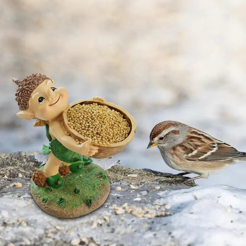 Garden Statues For Outside Resin Figurines Bird Feeder Statue Garden Decor Cartoon Sculpture Cute Lawn Ornaments Feeding Station
