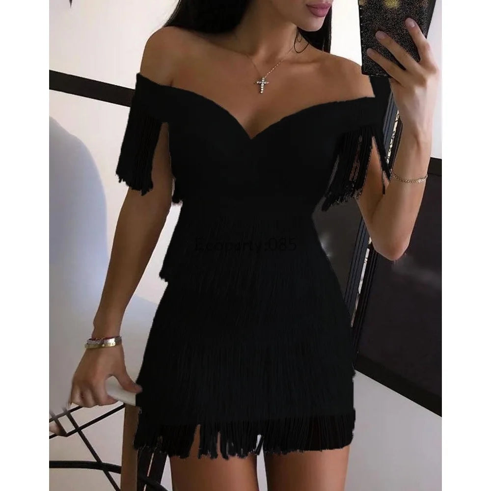 Women women's dresses Evening Dresses Sexy Big V Neck One-shoulder Fringed Skirt Ladies Temperament Slim Dress Short Sleeve Club Dress Vestidos