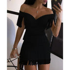 Women women's dresses Evening Dresses Sexy Big V Neck One-shoulder Fringed Skirt Ladies Temperament Slim Dress Short Sleeve Club Dress Vestidos